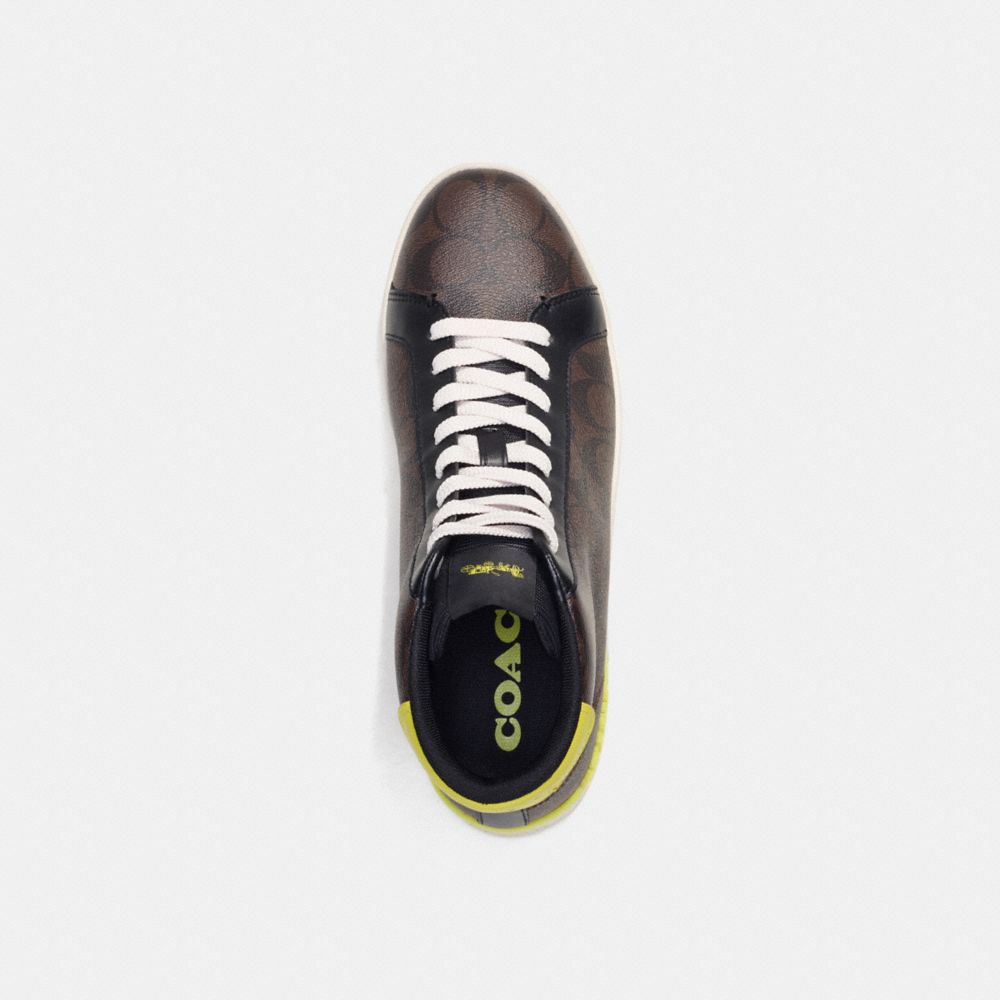 COACH®,CLIP HIGH TOP SNEAKER IN SIGNATURE CANVAS,Mahogany/Bright Yellow,Inside View,Top View