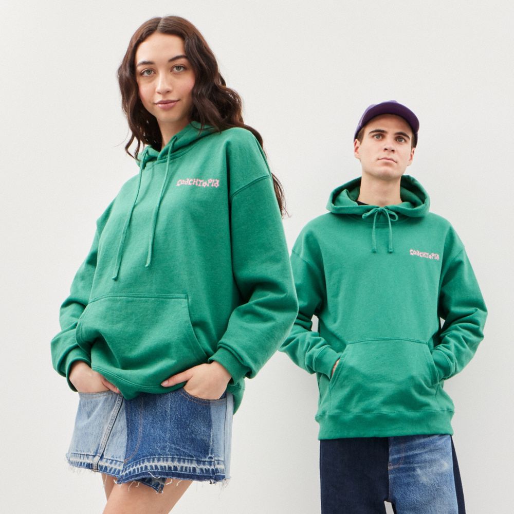 COACH®,Hoodie With This Is Coachtopia Print,Recycled Polyester,Recycled Cotton,Nylon,Sweatshirt,Logo,Word Embellishment,Dr...,Green,Scale View