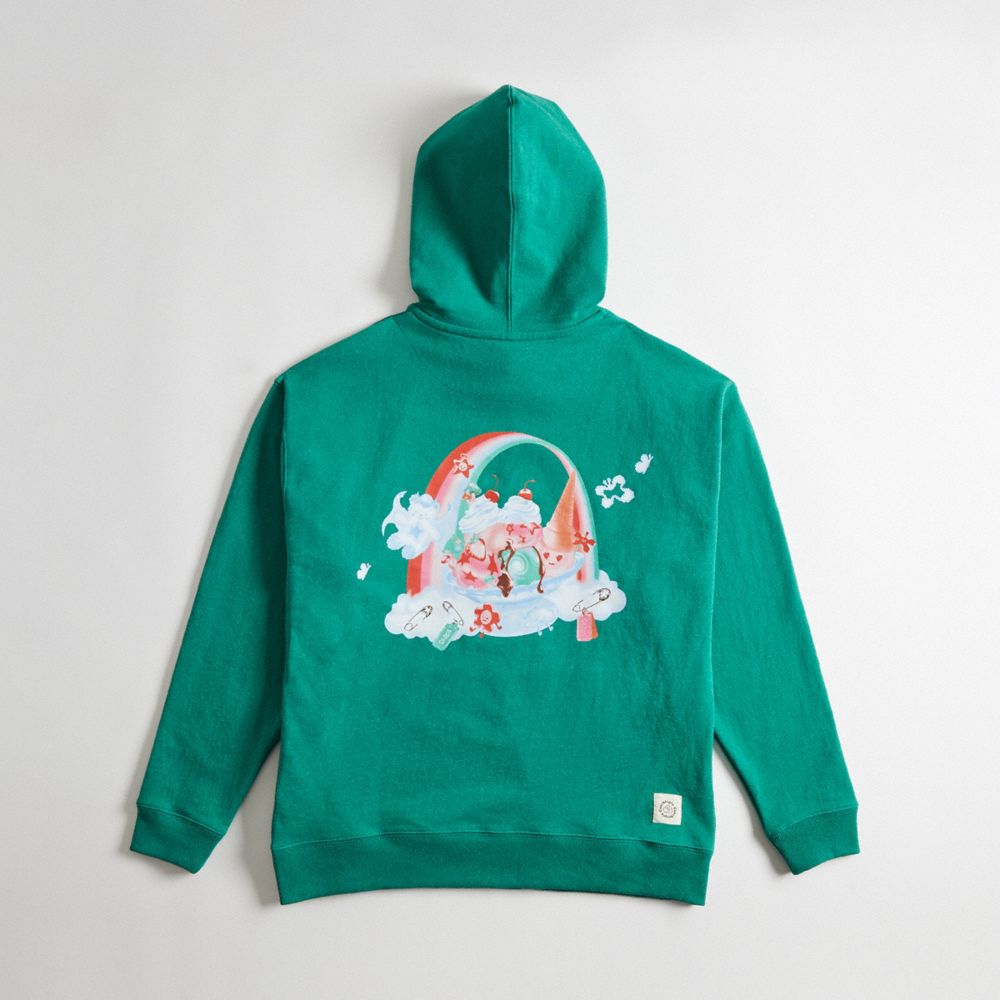 COACH®,Hoodie With This Is Coachtopia Print,Recycled Polyester,Recycled Cotton,Nylon,Sweatshirt,Logo,Word Embellishment,Dr...,Green,Back View