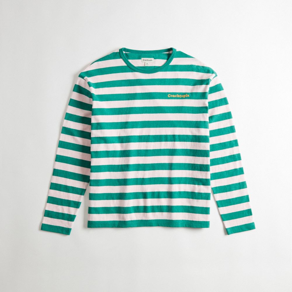 COACH®,Striped Long Sleeve T-Shirt in 100% Recycled Cotton,95% recycled cotton,Pink/Green,Front View