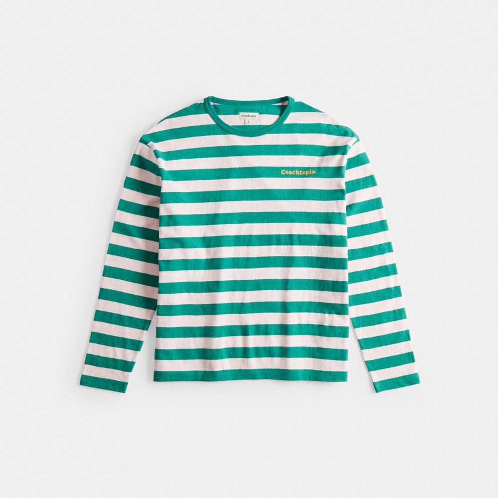 COACH®,Striped Long Sleeve T-Shirt in 100% Recycled Cotton,95% recycled cotton,Pink/Green,Front View