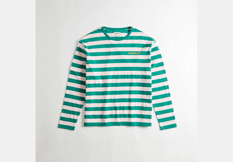 COACH®,Striped Long Sleeve T-Shirt in 100% Recycled Cotton,95% recycled cotton,Pink/Green,Front View image number 0