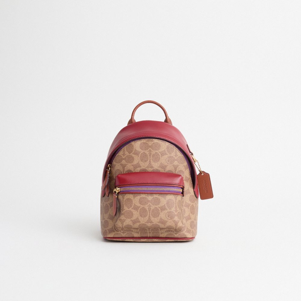 COACH®,RESTORED CHARTER BACKPACK 18 IN COLORBLOCK SIGNATURE CANVAS,Nappa leather,Small,Brass/Tan Brick Red Multi,Front View