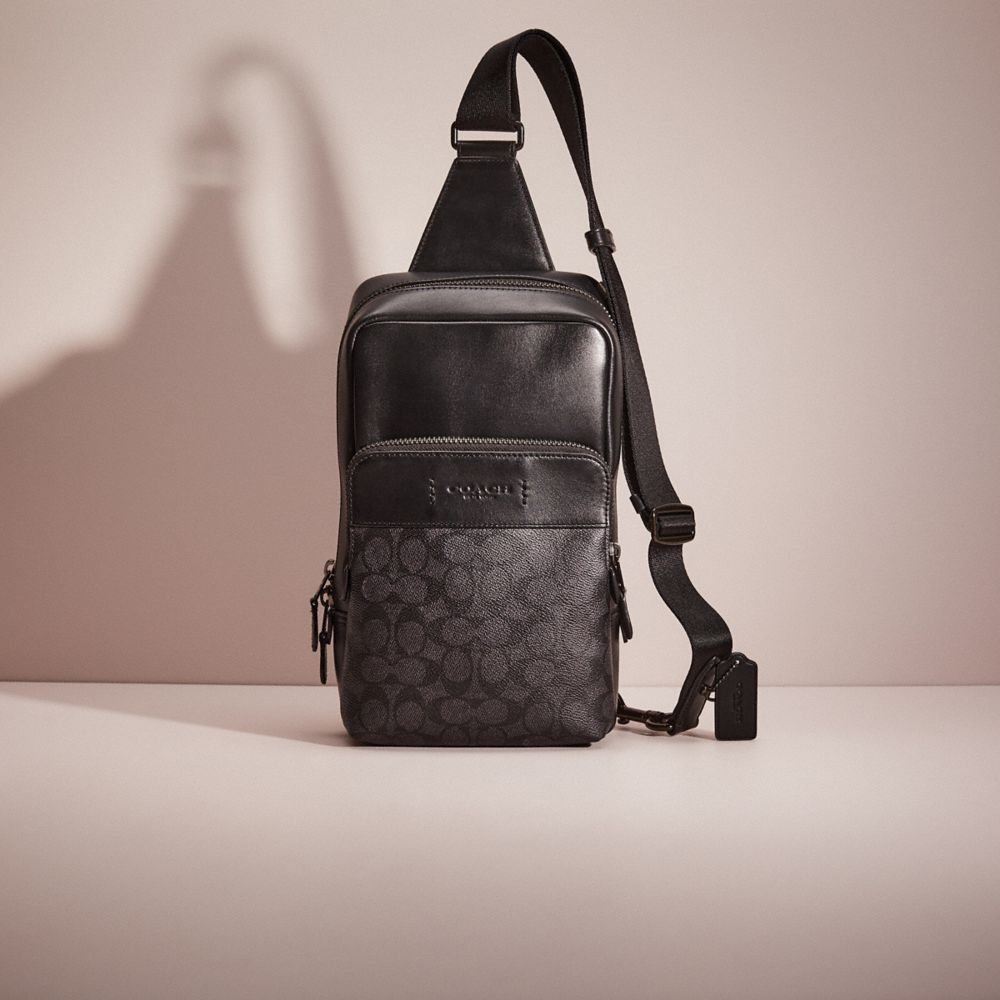 COACH®,RESTORED GOTHAM PACK IN SIGNATURE CANVAS,Glovetanned Leather,Mini,Streetwear,Black Copper/Charcoal/Black,Front View