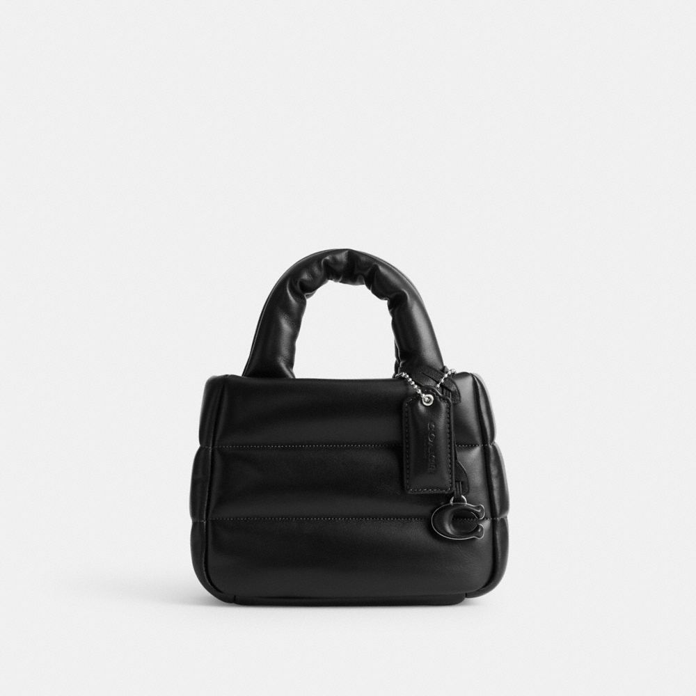 COACH®,MINI CABAS PILLOW,Cuir nappa,Argent/Noir,Front View