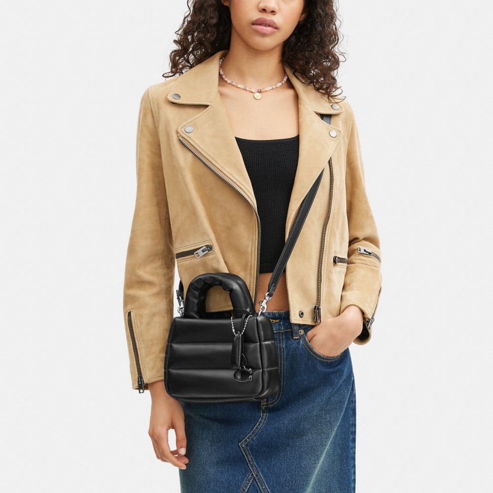 COACH®,Mini Pillow Tote Bag,Leather,Crossbody,Logo,Embossed,Metal,Casual,Black,Detail View