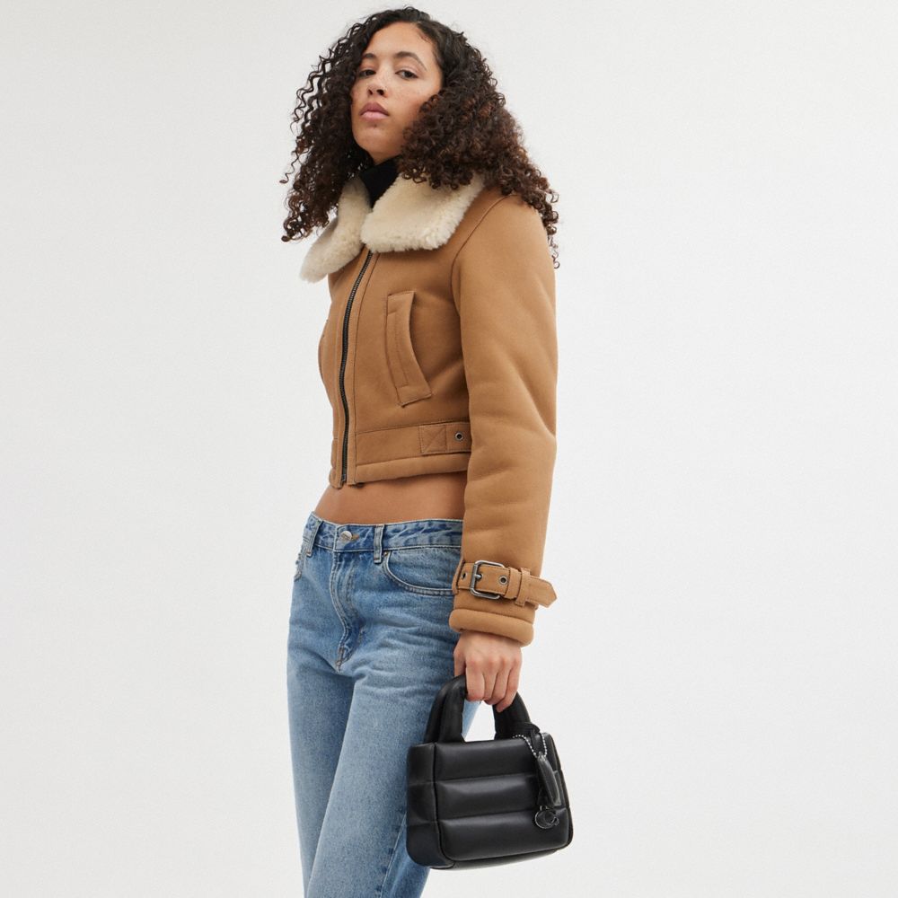 COACH®,Mini Pillow Tote Bag,Leather,Crossbody,Logo,Embossed,Metal,Casual,Black,Detail View