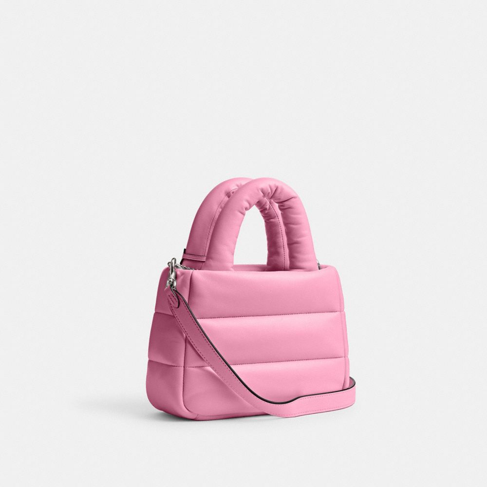 COACH®,MINI CABAS PILLOW,Cuir nappa,Argent/Rose vif,Angle View