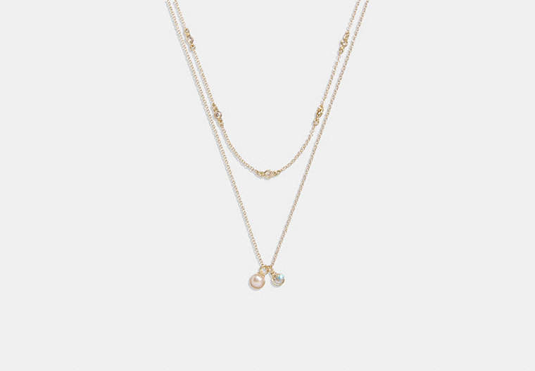 COACH®,CLASSIC PEARL LAYERED NECKLACE,Plated Brass,Gold/Pink,Front View
