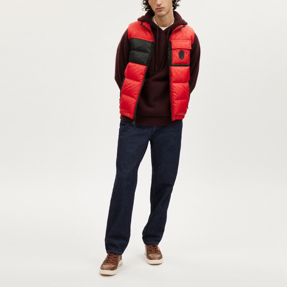 COACH®,SIGNATURE COLORBLOCK DOWN VEST,Red,Scale View