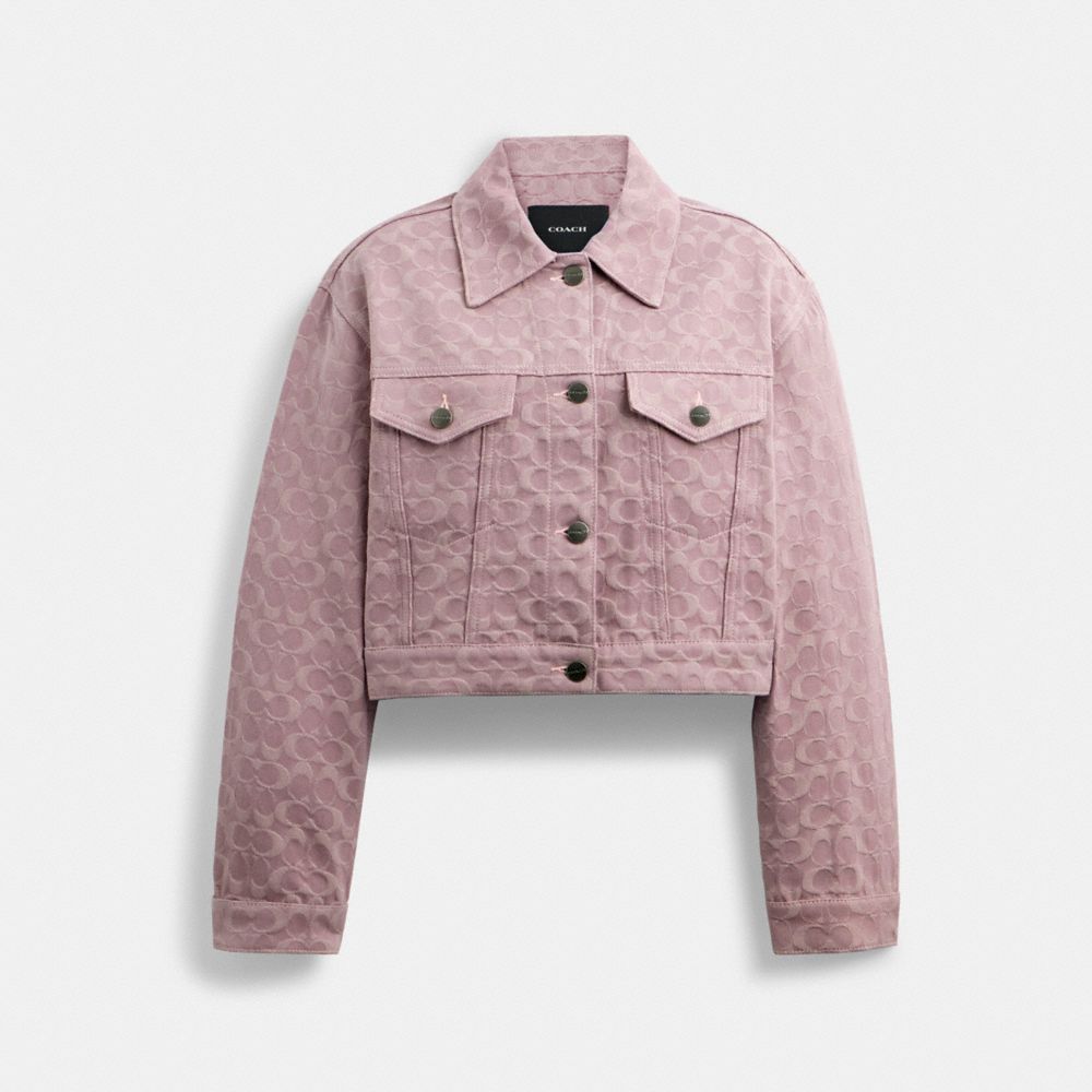 COACH®,CROPPED SIGNATURE JACQUARD DENIM JACKET,Denim,Purple Signature,Front View image number 0