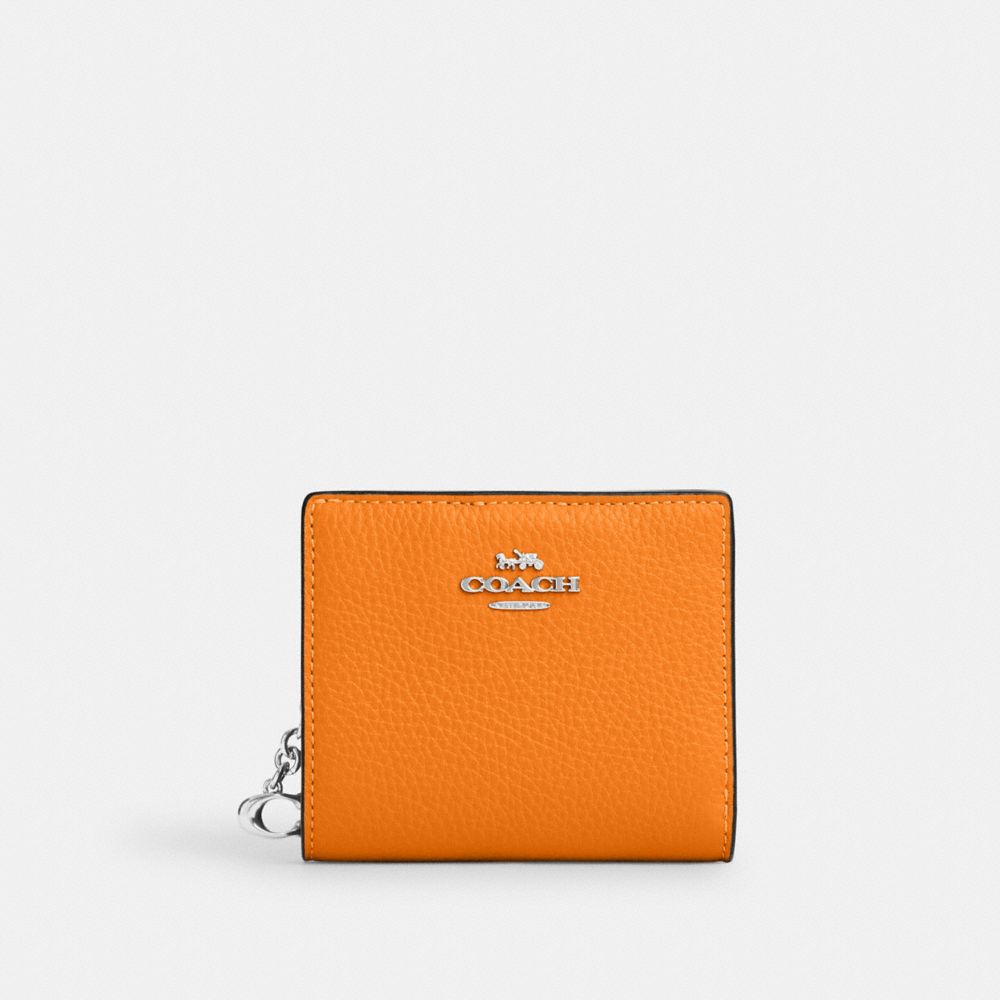 COACH®,SNAP WALLET WITH SIGNATURE CANVAS INTERIOR,Novelty Leather,Mini,Silver/Bright Mandarin,Front View