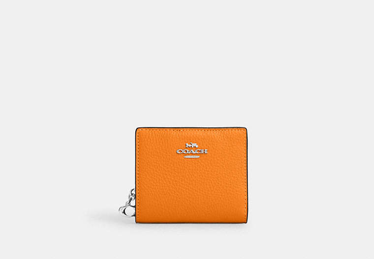 COACH®,SNAP WALLET WITH SIGNATURE CANVAS INTERIOR,Leather,Mini,Silver/Bright Mandarin,Front View