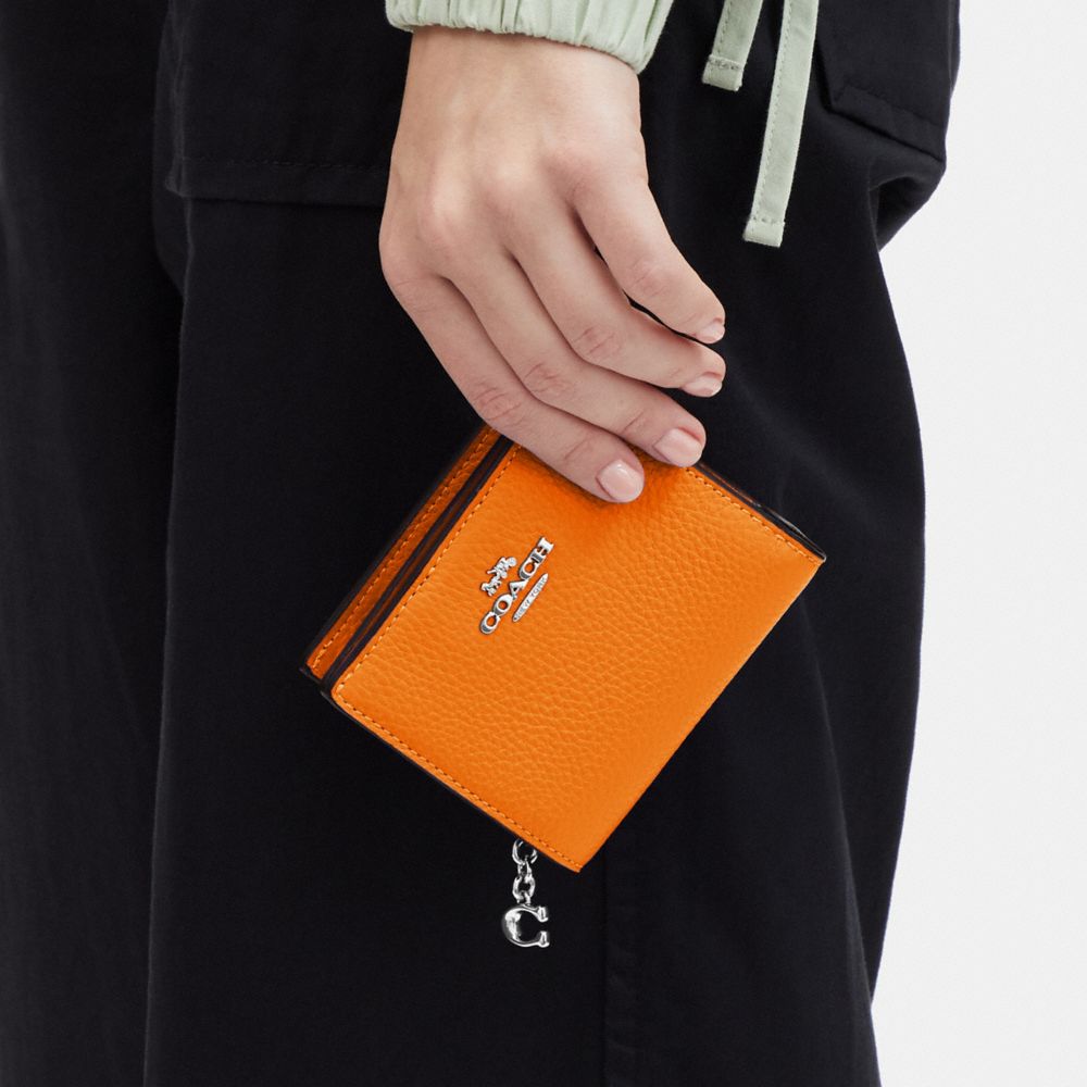 COACH®,SNAP WALLET WITH SIGNATURE CANVAS INTERIOR,Novelty Leather,Mini,Silver/Bright Mandarin,Detail View