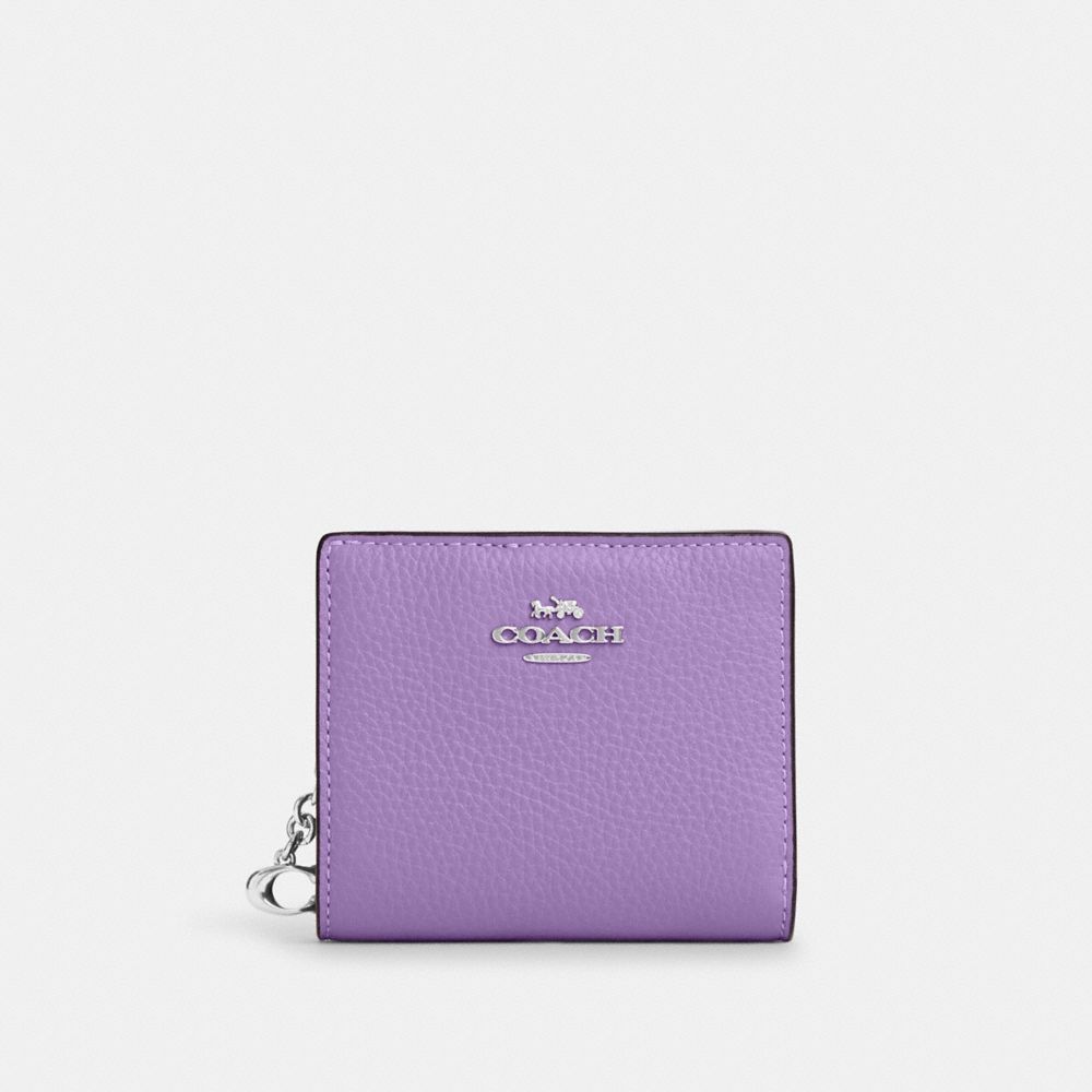 COACH®,SNAP WALLET WITH SIGNATURE CANVAS INTERIOR,Novelty Leather,Mini,Silver/Iris,Front View