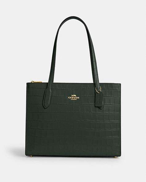 COACH®,NINA TOTE BAG,Leather,Large,Office,Gold/Amazon Green,Front View
