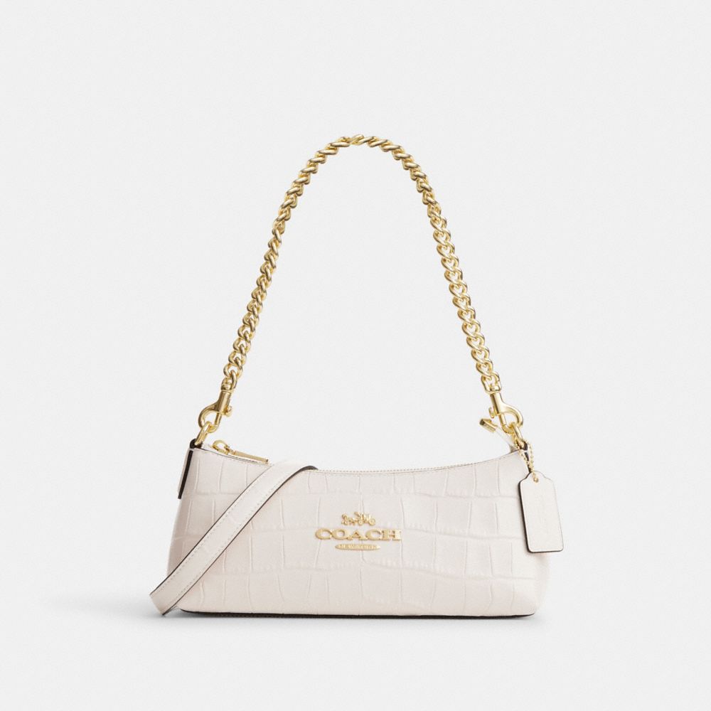 COACH®,CHARLOTTE SHOULDER BAG,Novelty Leather,Small,Anniversary,Gold/Chalk,Front View