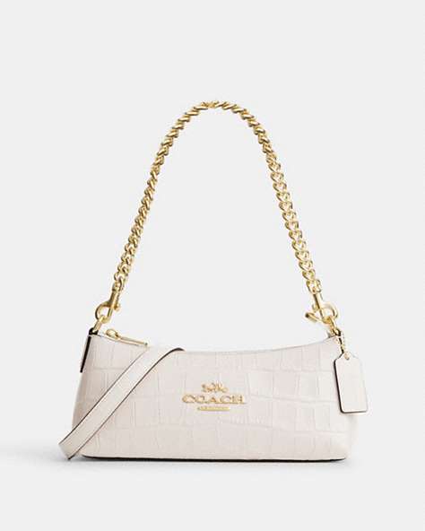 COACH®,CHARLOTTE SHOULDER BAG,Leather,Small,Anniversary,Gold/Chalk,Front View