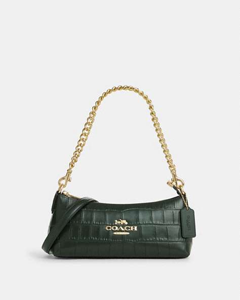COACH®,CHARLOTTE SHOULDER BAG,Leather,Anniversary,Gold/Amazon Green,Front View