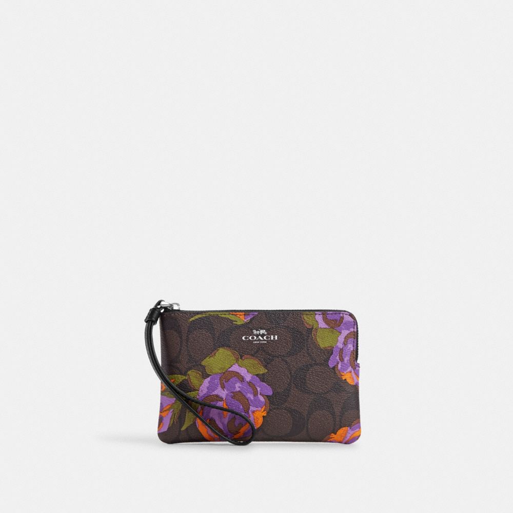 Coach Floral Printed Leather Small Wristlet, Black Multi: Handbags