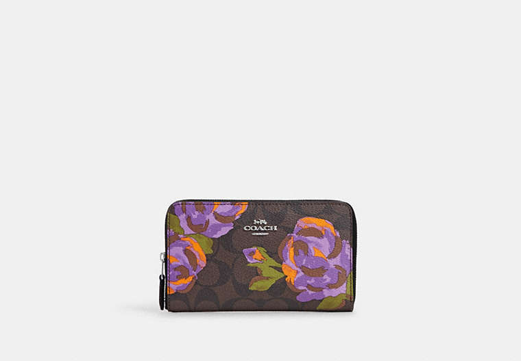 COACH®,MEDIUM ID ZIP WALLET IN SIGNATURE CANVAS WITH ROSE PRINT,Coated Canvas/Signature Canvas/Smooth Leather,Mini,Silver/Brown/Iris Multi,Front View