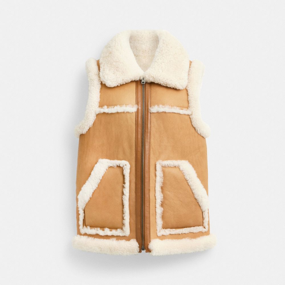 COACH®,Reversible Shearling Vest,Brown,Front View