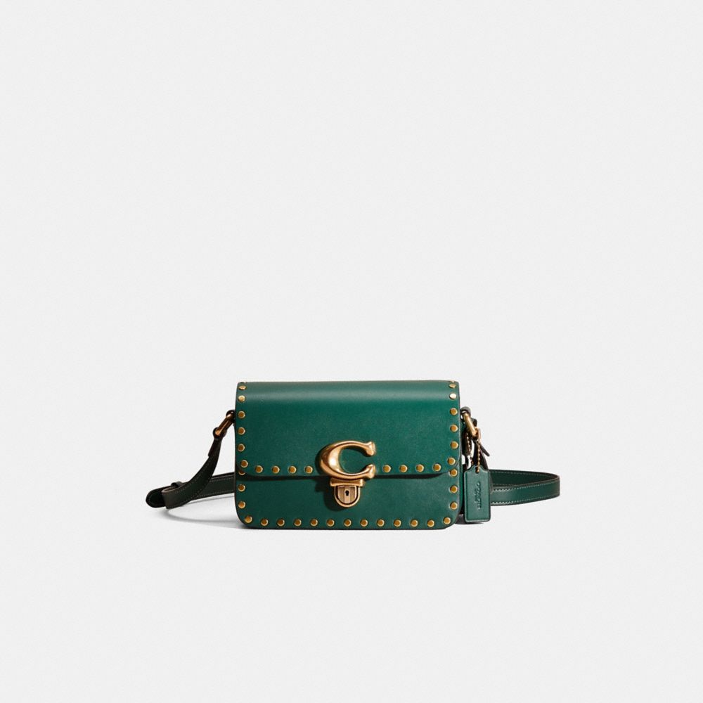 COACH®,Restored Studio Shoulder Bag 19 With Rivets,Shoulder Bag,Logo,Metal,Embossed,Studded,Compact,Pen Holder,Day Party,Emerald,Front View