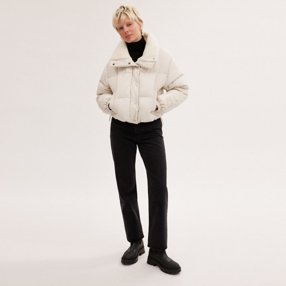 COACH®,CROPPED PUFFER WITH SHERPA,Ivory,Scale View
