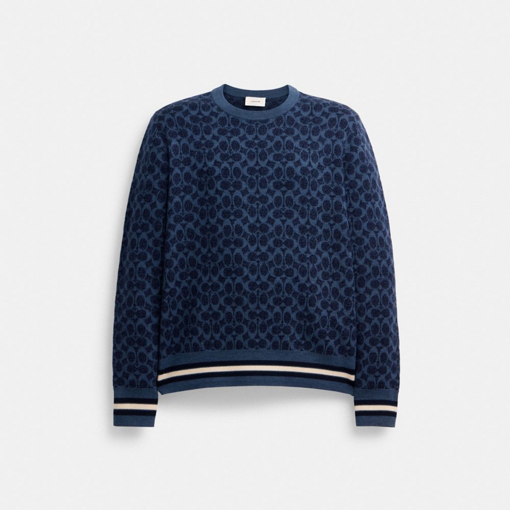 COACH®,SIGNATURE CREWNECK SWEATER,wool,Dark Blue,Front View