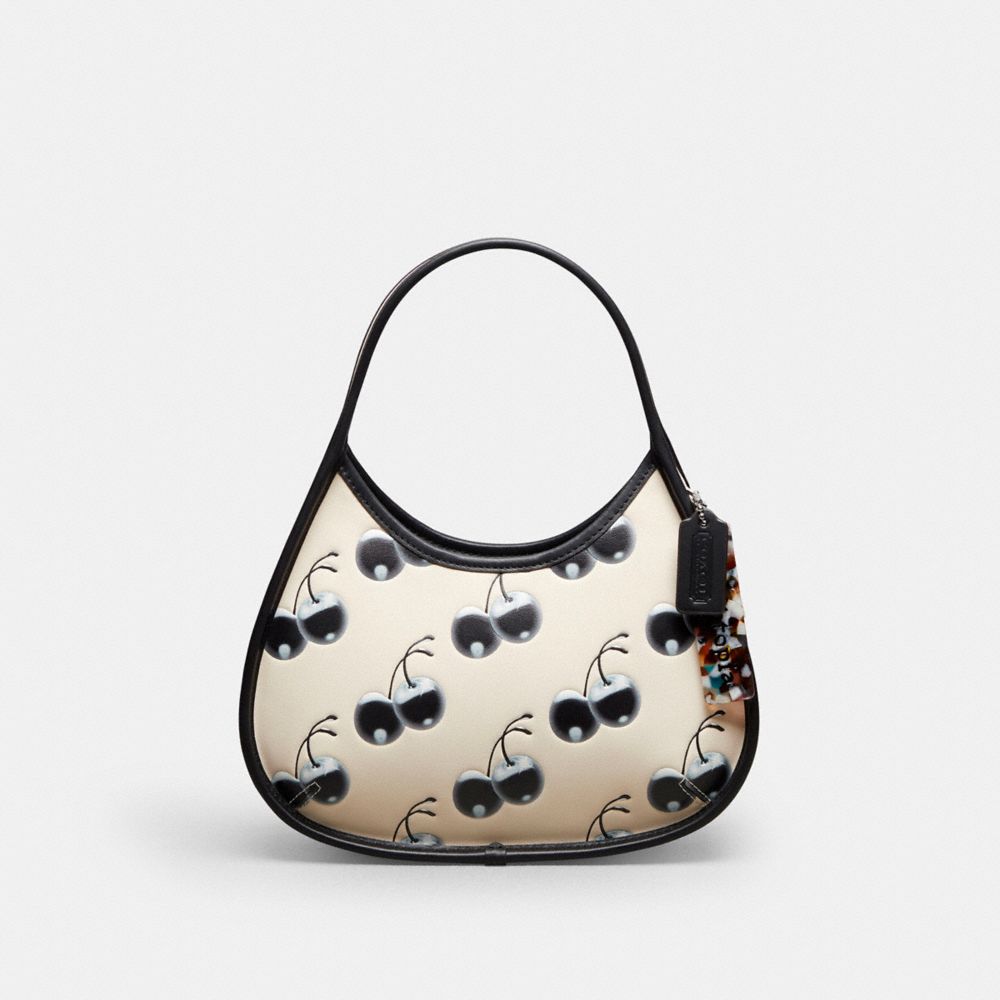 COACH®,Ergo Bag In Coachtopia Leather With Cherry Print,Leather,Acrylic,Shoulder Bag,Plastic,Embossed,Logo,Piping,Silver M...,Cream,Front View