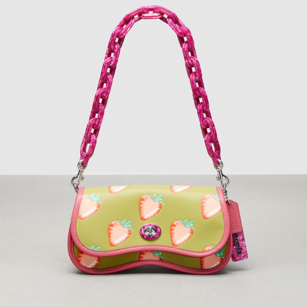 COACH®,Wavy Dinky in Coachtopia Leather with Strawberry Print,Coachtopia Leather,Small,Lime Green Multi,Front View image number 0