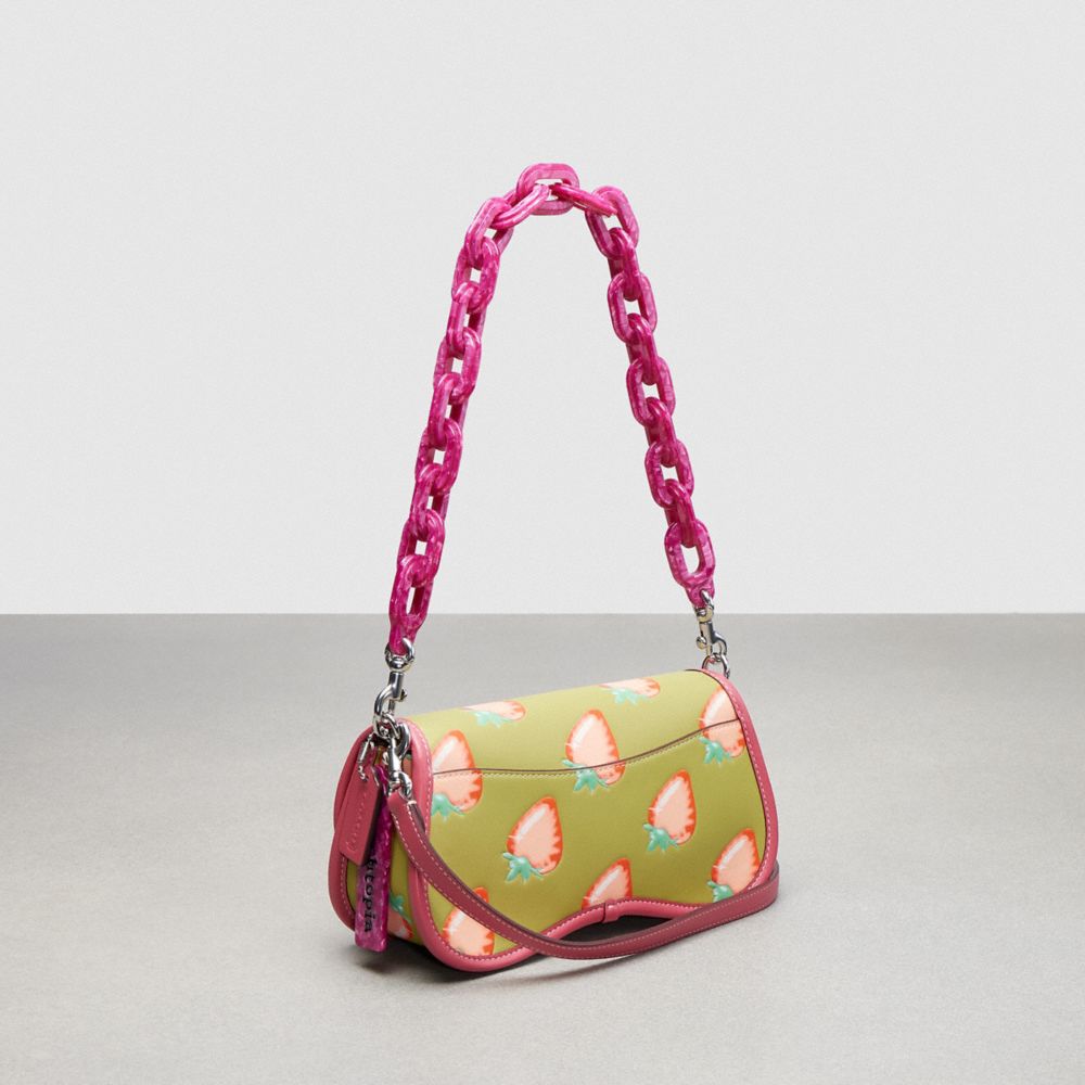 COACH®,Wavy Dinky in Coachtopia Leather with Strawberry Print,Coachtopia Leather,Small,Lime Green Multi,Angle View