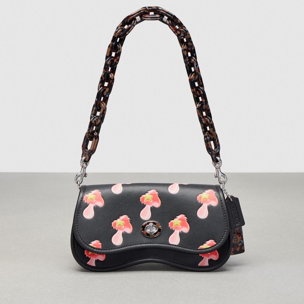 COACH®,Wavy Dinky in Coachtopia Leather with Mushroom Print,Coachtopia Leather,Small,Black,Front View image number 0