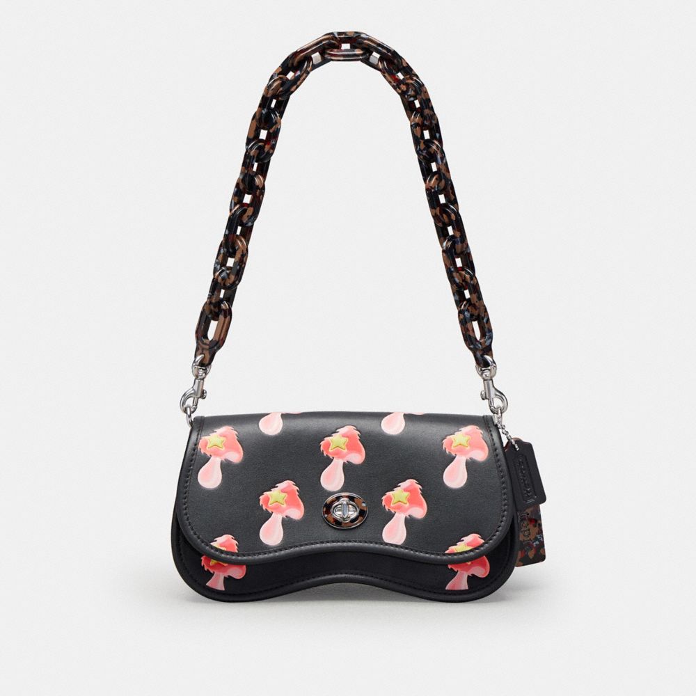 COACH®,Wavy Dinky in Coachtopia Leather with Mushroom Print,Coachtopia Leather,Small,Black,Front View