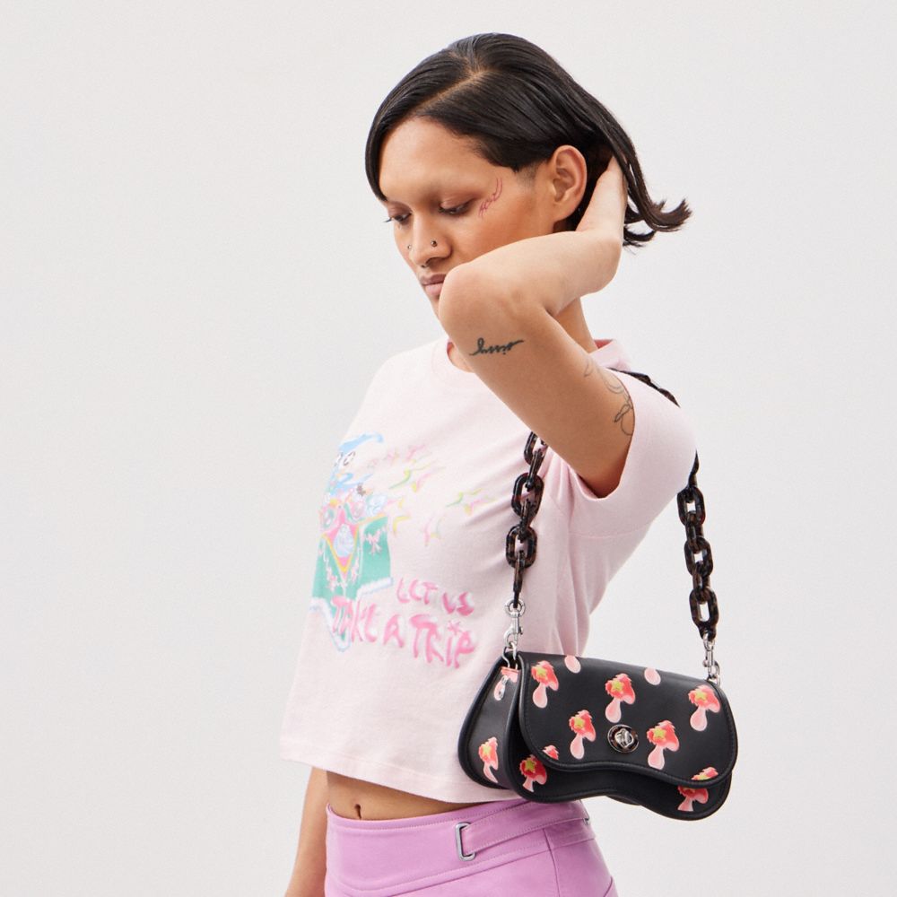 COACH®,Wavy Dinky Bag In Coachtopia Leather With Mushroom Print,Recycled Polyester,Leather,Shoulder Bag,Logo,Embossed,Patt...,Black,Scale View