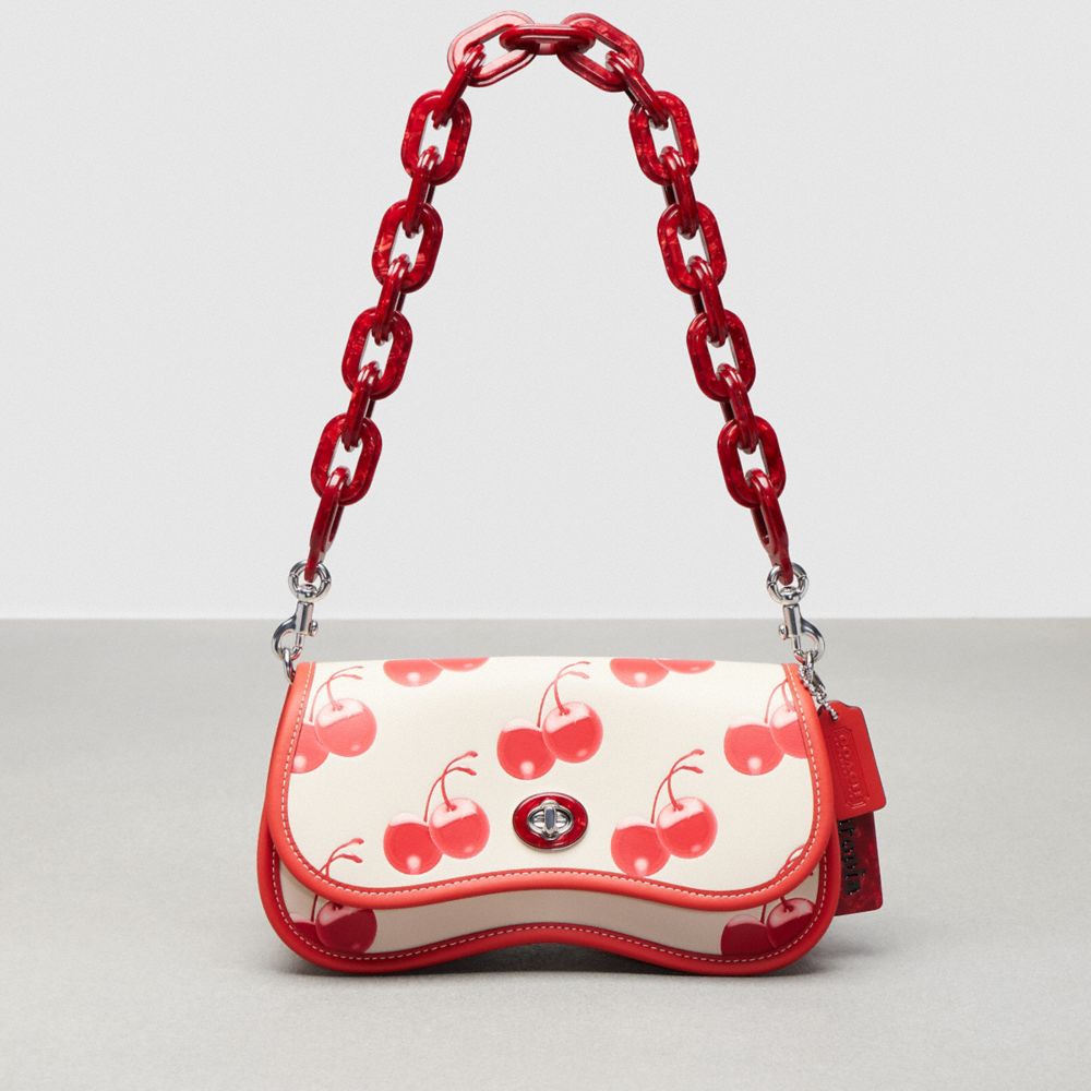 COACH®,Wavy Dinky Bag In Coachtopia Leather With Cherry Print,Coachtopia Leather,Small,Cherry Print,Cloud Multi,Front View image number 0