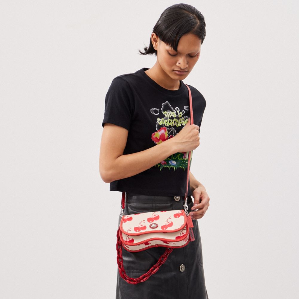 COACH®,Wavy Dinky Bag In Coachtopia Leather With Cherry Print,Acrylic,Leather,Shoulder Bag,Plastic,Embossed,Logo,Piping,Da...,,Detail View