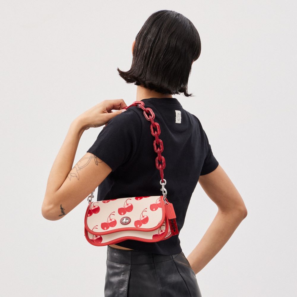 COACH®,Wavy Dinky Bag In Coachtopia Leather With Cherry Print,Acrylic,Leather,Shoulder Bag,Plastic,Embossed,Logo,Piping,Da...,,Detail View