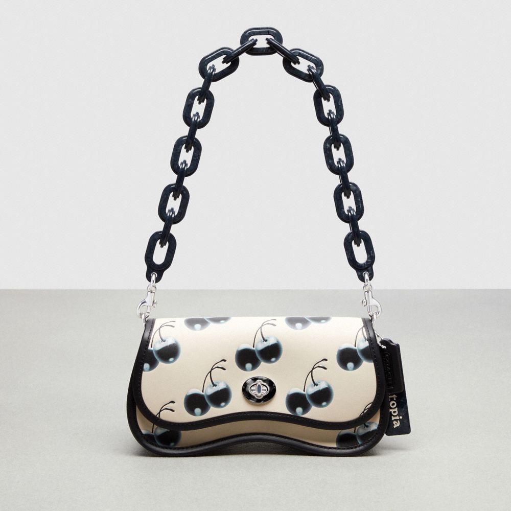 COACH®,Wavy Dinky Bag In Coachtopia Leather With Cherry Print,Coachtopia Leather,Small,Cherry Print,Black/Chalk Multi,Front View image number 0