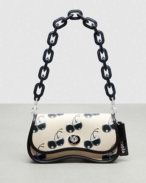 COACH®,Wavy Dinky Bag in Coachtopia Leather: Cherry Print,Coachtopia Leather,Small,Black/Chalk Multi,Front View