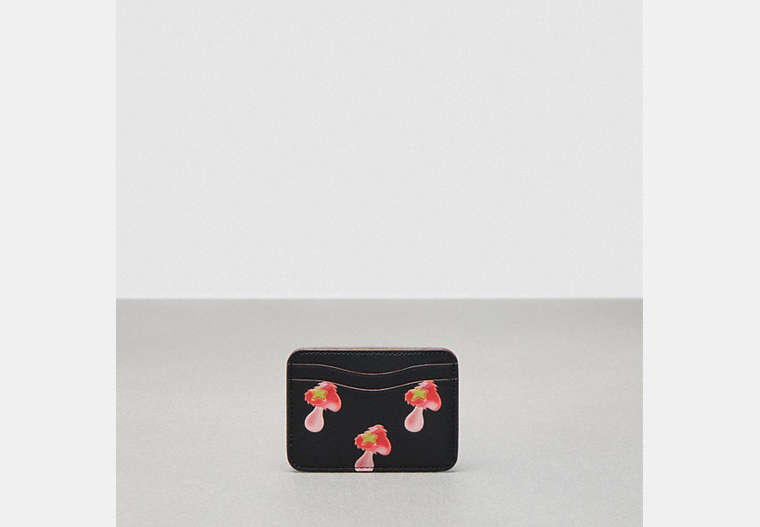 COACH®,Wavy Card Case in Coachtopia Leather with Mushroom Print,Coachtopia Leather,Black,Front View