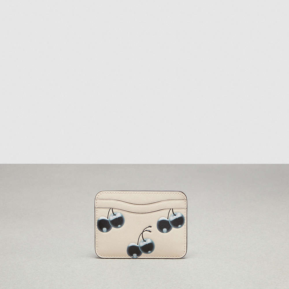 Shop Coach Wavy Card Case In Topia Leather With Cherry Print In Black/cloud Multi