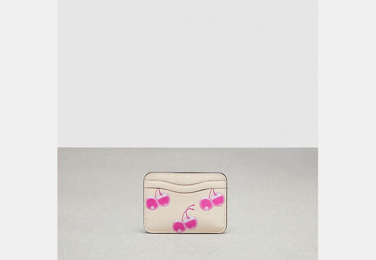 COACH®,Wavy Card Case In Coachtopia Leather With Cherry Print,Coachtopia Leather,Cherry Print,Pink/Cloud Multi,Front View