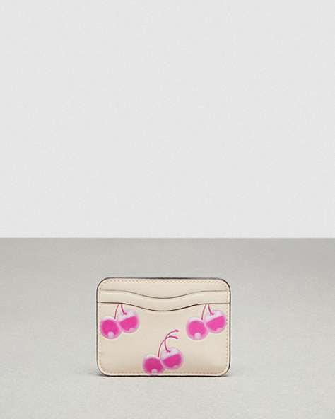 COACH®,Wavy Card Case in Coachtopia Leather: Cherry Print,Coachtopia Leather,Pink/Cloud Multi,Front View