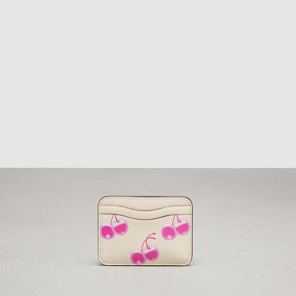 Shop Coach Wavy Card Case In Topia Leather With Cherry Print In Pink/cloud Multi