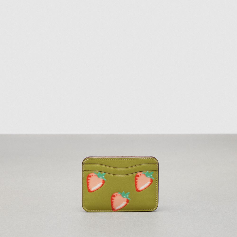 COACH®,Wavy Card Case in Coachtopia Leather with Strawberry Print,Coachtopia Leather,Lime Green Multi,Front View