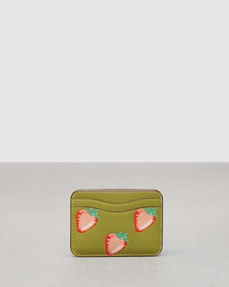 COACH®,Wavy Card Case in Coachtopia Leather with Strawberry Print,Coachtopia Leather,Lime Green Multi,Front View
