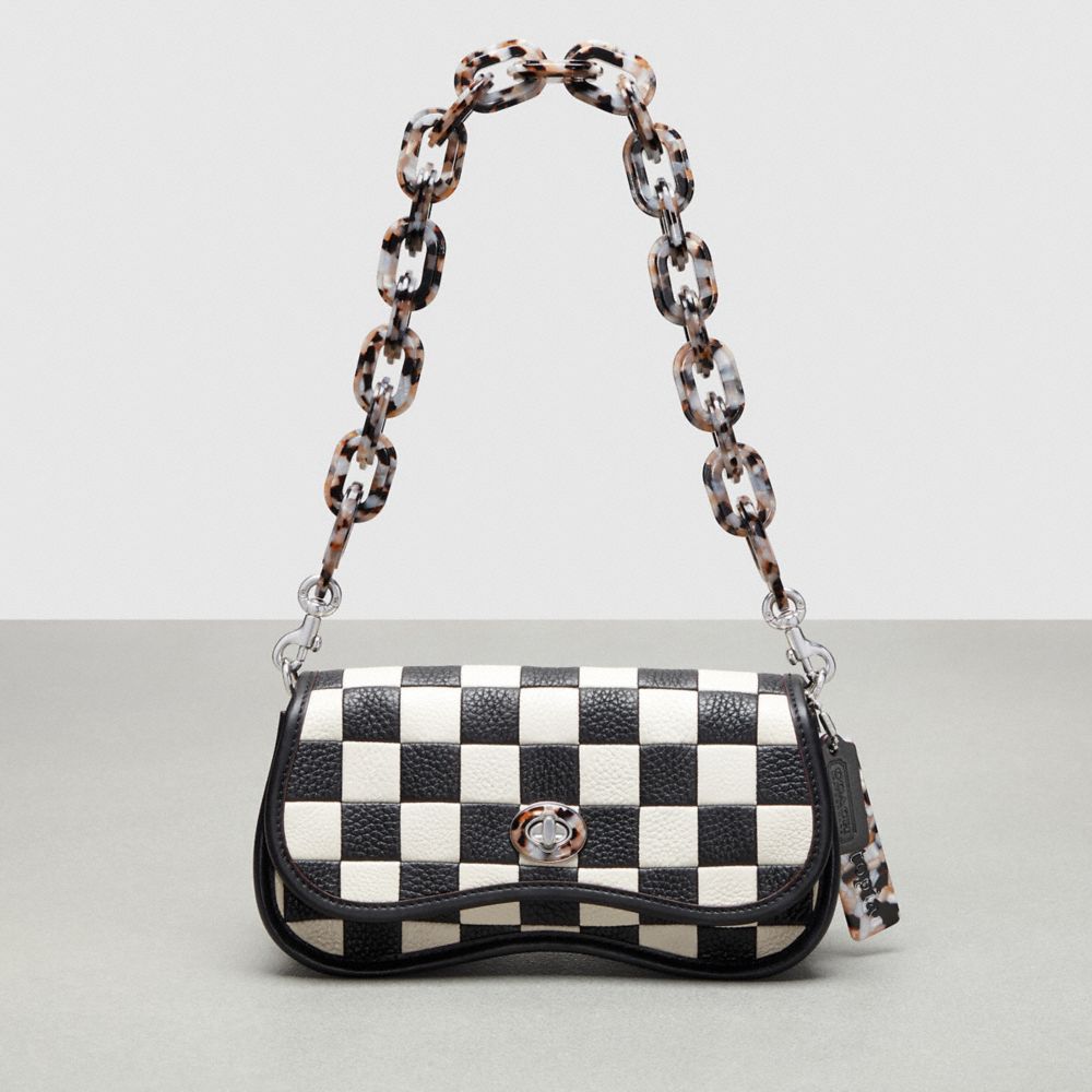 COACH®,Wavy Dinky Bag In Patchwork Checkerboard Upcrafted Leather,Upcrafted Leather™,Small,Checkerboard,Black/Chalk,Front View image number 0