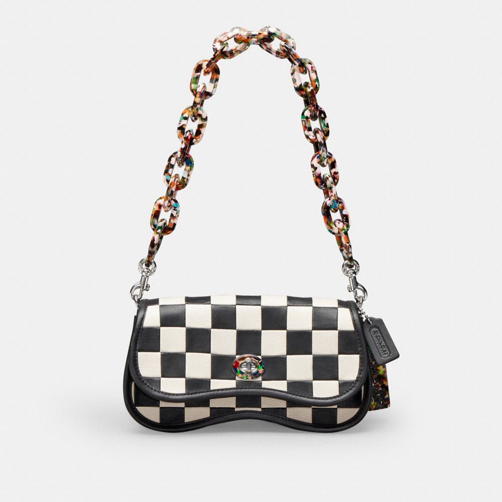 COACH®,Wavy Dinky Bag In Patchwork Checkerboard Upcrafted Leather,Upcrafted Leather™,Small,Checkerboard,Black/Chalk,Front View