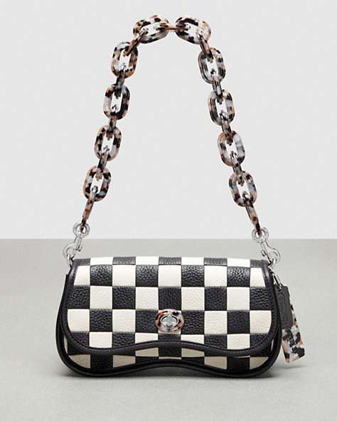COACH®,Wavy Dinky Bag in Patchwork Checkerboard Upcrafted Leather,Upcrafted Leather™,Small,Checkerboard,Black/Chalk,Front View